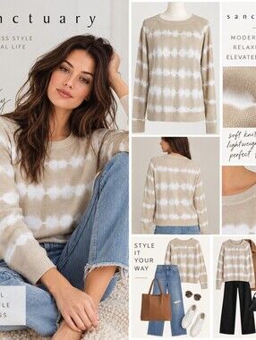 Sanctuary XXS Beige White Tie Dye Shibori Knit Sweater Long Sleeve Neutral